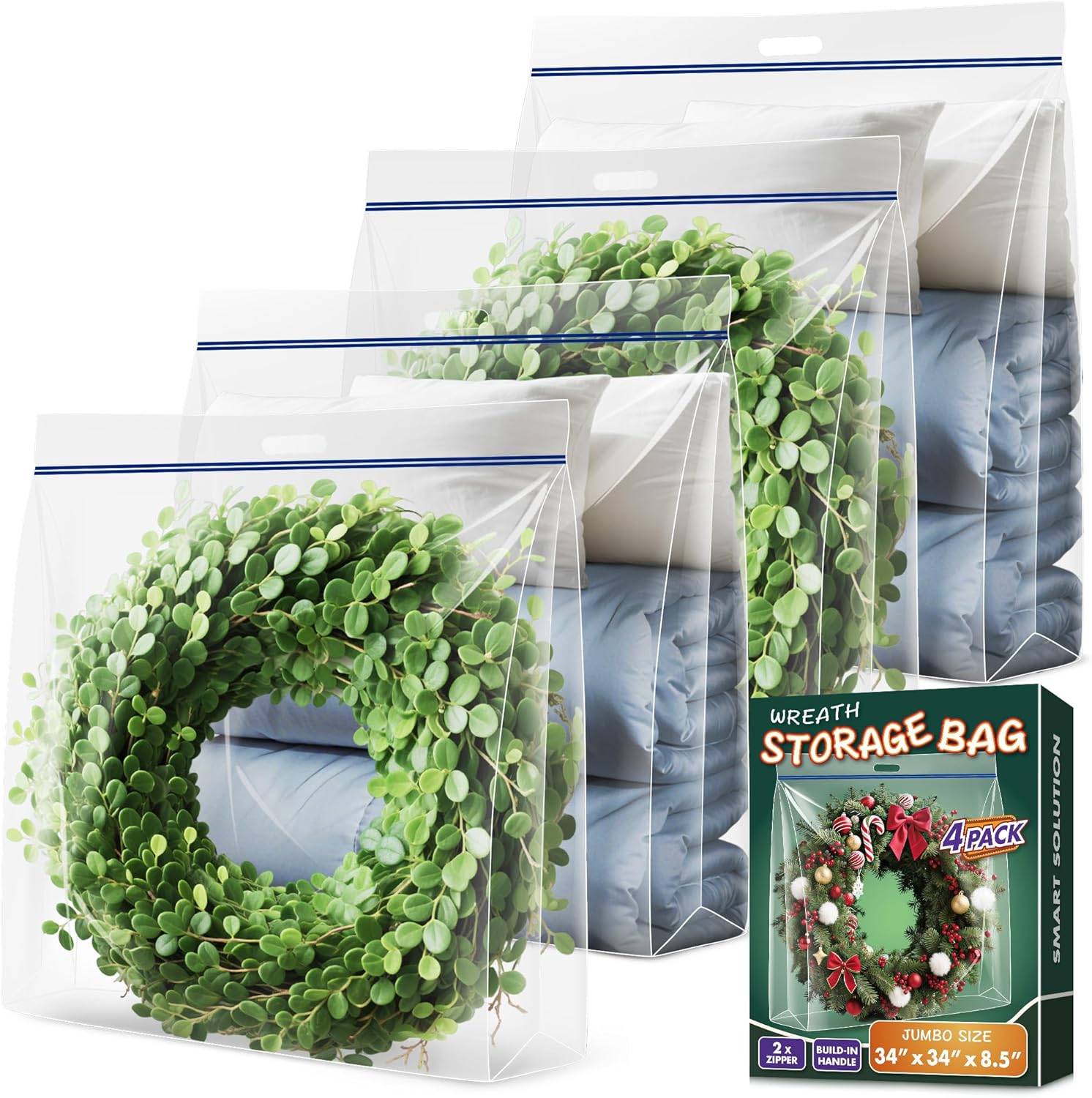 Skiennix Extra Large Clear Wreath Storage Bag - Durable Plastic with Handle | 34"x34"x8.5" | 4 Pack for Holiday Decor & Bedding