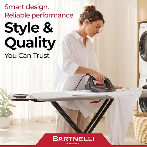 Bartnelli Ironing Board - Extreme Stability with Heavy-Duty Metal Frame | Height Adjustable, 43x13 Inches, 100% Cotton Cover