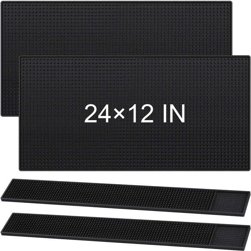 Jingmore 4 Pcs Thick Rubber Bar Mats for Bartending, Durable Non-Slip Spill Mat for Countertop, Home Kitchen, Coffee Bars, and Restaurants Accessories, Black(24" X 12"+24" X 3")