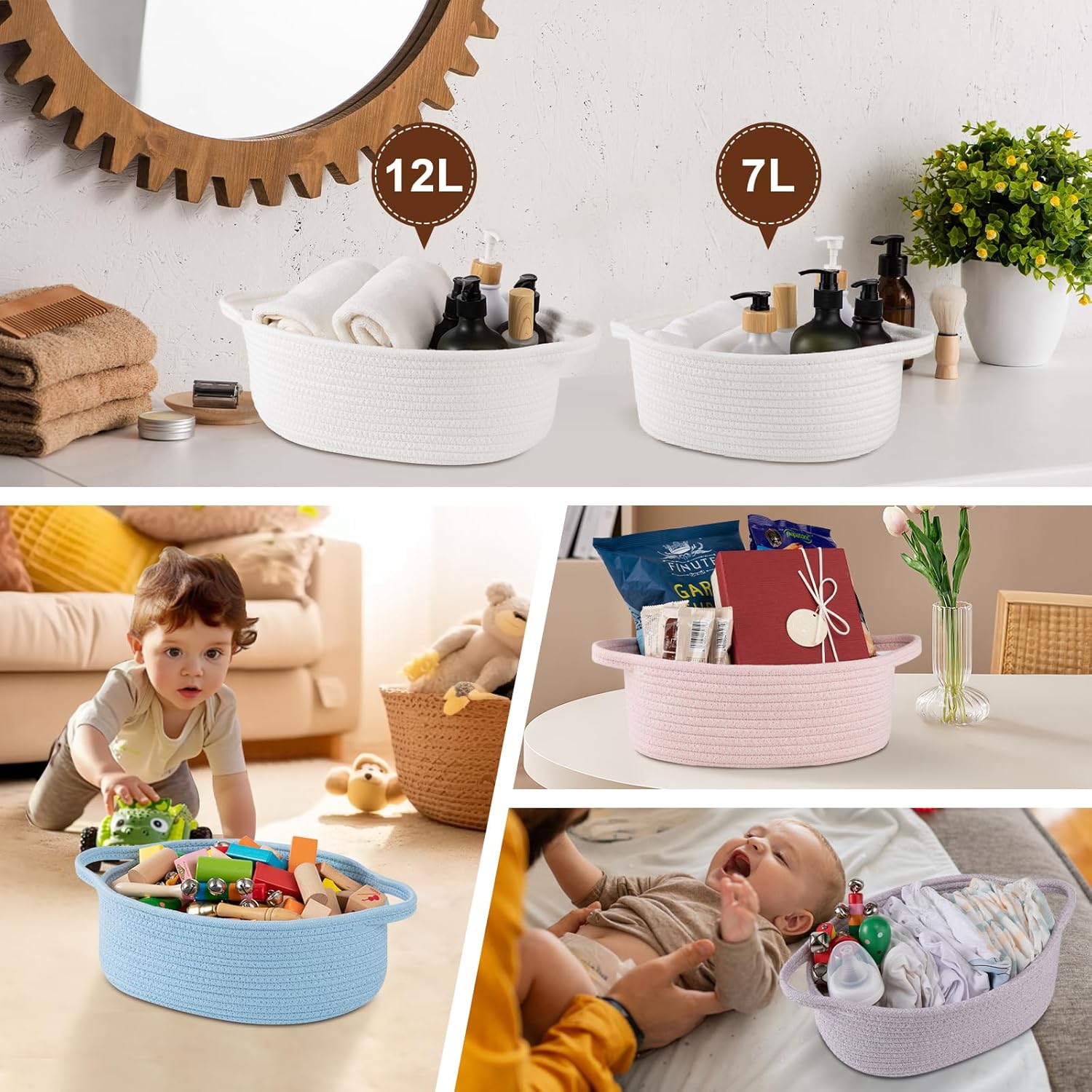OIAHOMY Woven Gift Basket - Stylish Nursery Organizer with Handle, Gift Bag & Tissue Paper | White