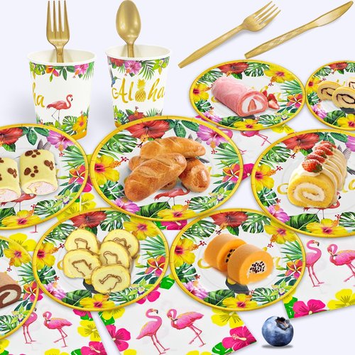 Hawaiian Luau Party Decorations Supplies, Tropical Aloha Birthday Party Plates Summer Beach Holiday Flamingo Disposable Dinnerware Set With Paper Plates Cup Napkin Plastic Fork Knives Spoon, Serves 24