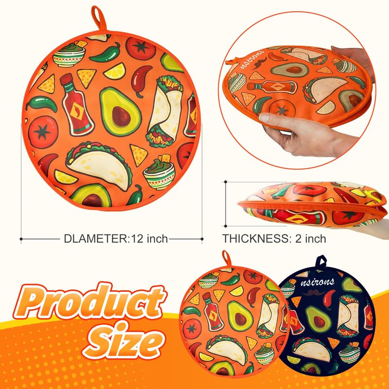 NSIRONS 2Pcs Tortilla Warmer, 12 Inch Insulated Microwave Safe Fabric Tortilla Warmer Pouch to Keep Food Warm for Corn Flour Taco Pizza Bread up to One Hour (2 pack Black&Orange)