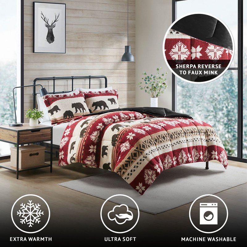 Woolrich Tunbridge Sherpa Comforter Set with Soft Faux Mink Reverse - Southwestern Rustic Cabin Print, Cozy Warm Bedding for Cold Season, Matching Shams, King/Cal King, Red/Black 3 Piece