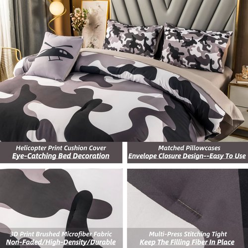 PERFEMET 6 Pcs Comforter Set Full Size Grey Camo Comforter Bed Sets with Sheets for Boys Girls Teens Farmhouse Camouflage Amy Style Bedding Bed in a Bag for All Season(Full, Grey)
