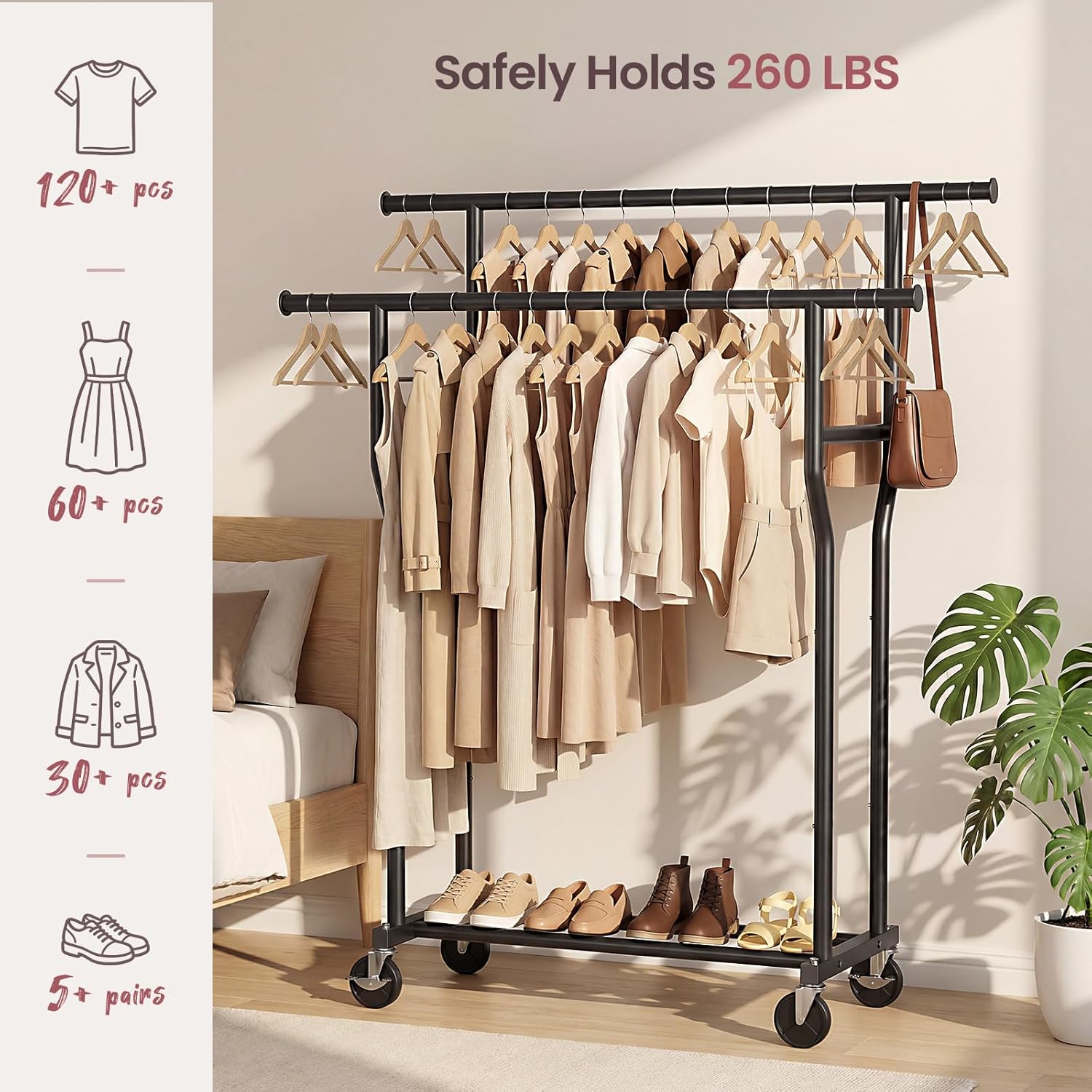 Skiennix Double Rods Rolling Clothes Rack - Heavy-Duty 260 LBS Capacity | Portable Metal Garment Rack in Black