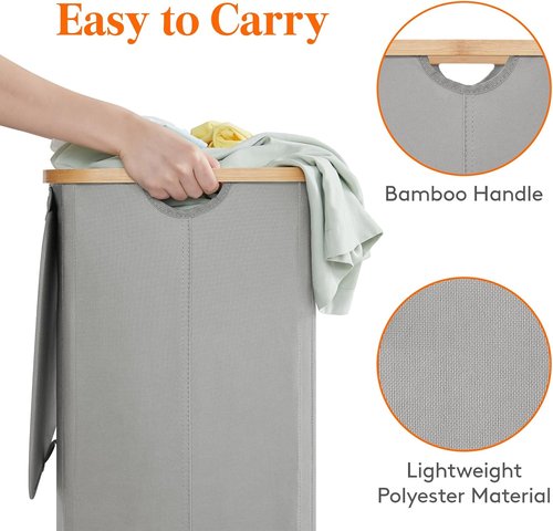 Lifewit 100L Laundry Basket - Foldable Hamper with Lid & Bamboo Handles | Silver Grey