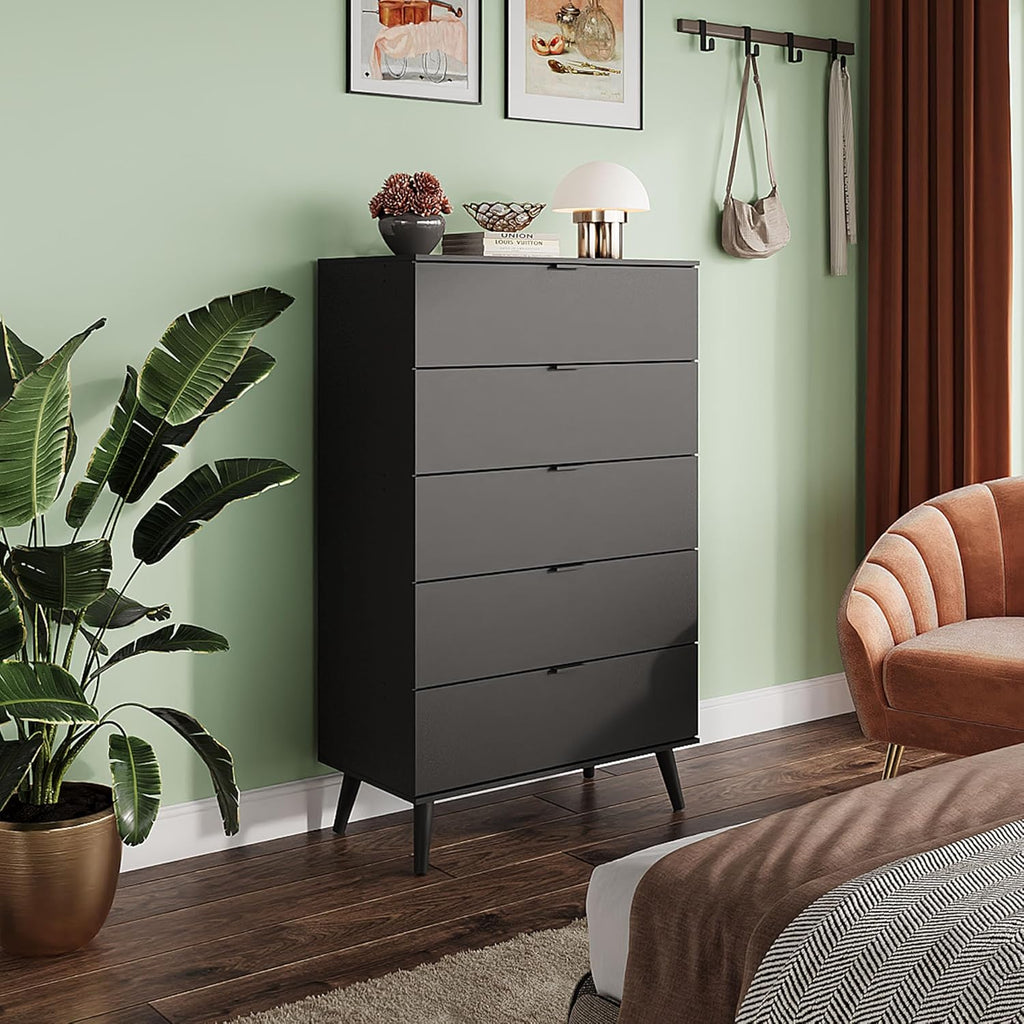 WLIVE 5 Drawer Dresser - Tall Wooden Storage Organizer with Sturdy Metal Handles | Black Chest for Bedroom, Living Room, Hallway