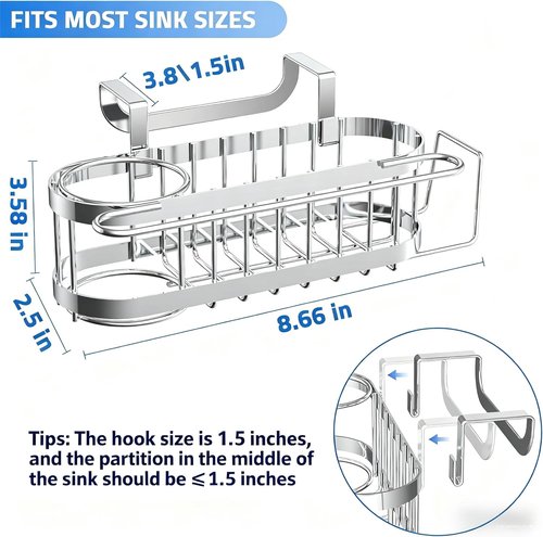 Cisily Silver Kitchen Sink Caddy - Stainless Steel Sponge Holder & Organizer | 2 Installation Options