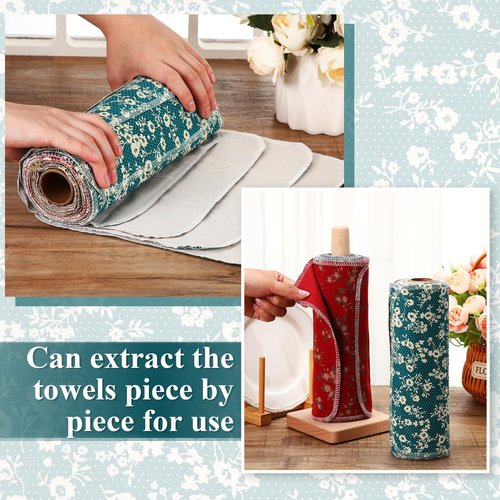 Redbaker 50 Pcs Reusable Paper Towels Paperless Reusable Cotton Cloths Toilet Absorbent Washable Paper Towels with Roll Kitchen Dishcloth for Kitchen Paperless Dishcloths(Floral)