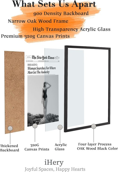 iHery Premium Black Oak Wood Framed Wall Art - Retro Woman Canvas Decor for Dorm & Living Room | 12x16in