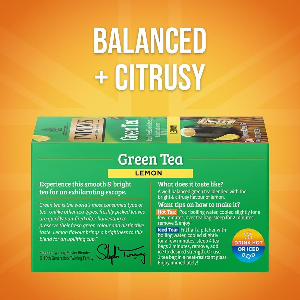Twinings Green Tea - Zesty Lemon Flavor, Individually Wrapped Bags, 20 Count (Pack of 6)