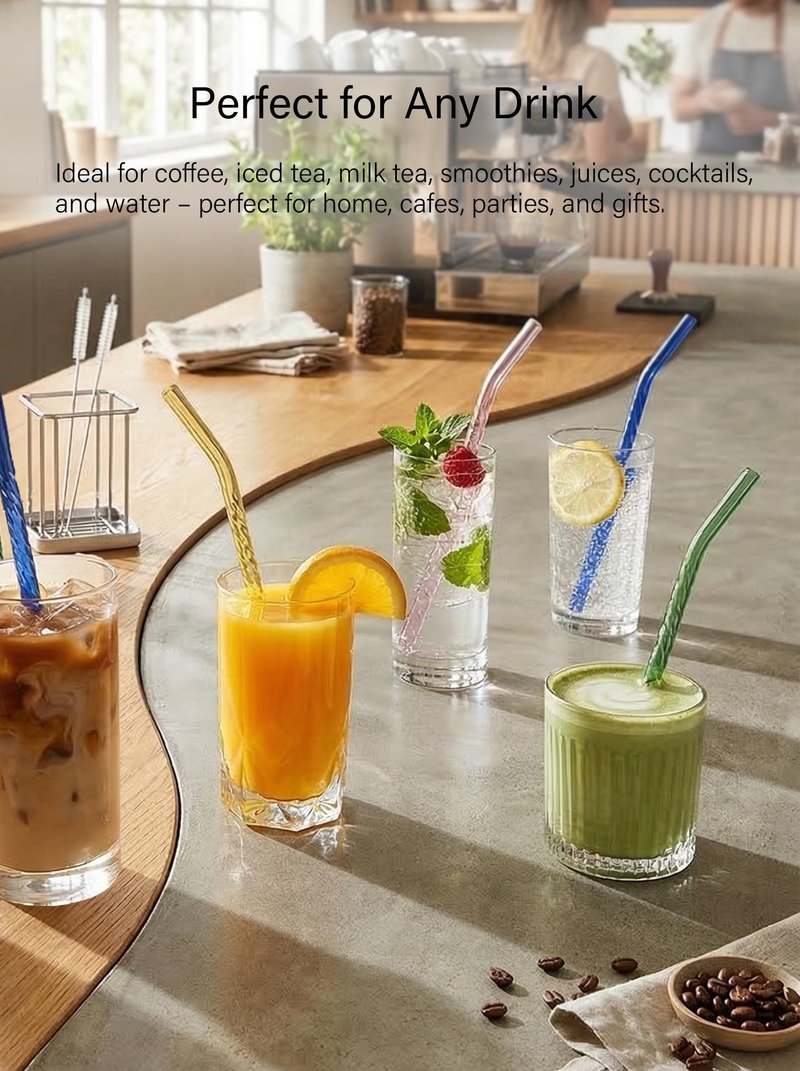 YUTRENN Reusable Glass Straws Transparent Twisted Shape 4 Bent Straws 4 Straight Straws 2 Cleaning Brushes, 8"x 0.3" Thick Clear Glass Drinking Straw for Tumblers Gift Wrap Dishwasher Safe
