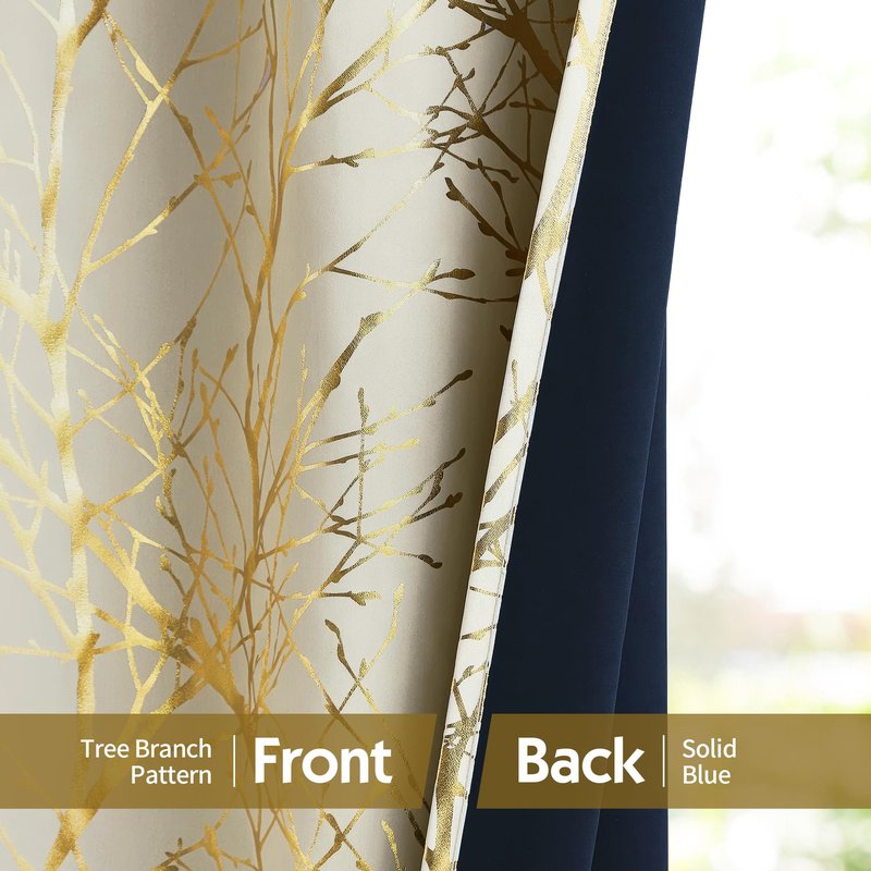 FMFUNCTEX 100% Blackout Curtains for Bedroom, Curtains 96 Inches Long Gold Ivory Tree Branch Thermal Curtain Drapes for Living Room Darkening Window Curtains,Farmhouse Curtain Grommet Top 2 Panels
