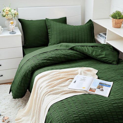HYMOKEGE Twin XL Comforter Set - Dark Green Seersucker 5-Piece Luxury Bedding Set for All Seasons