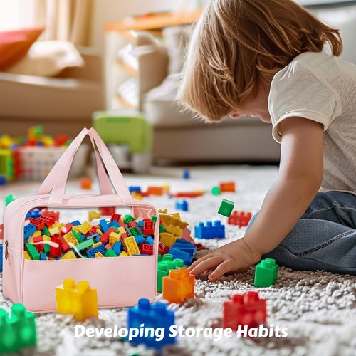 Dcwunk 4-Pack Large Toy Organizer PU Leather Organizer Bag with Zipper, Toy Organizer Bag with Portable Handheld Device, Waterproof Toy Bag Storage for Board Games Clay, Building Blocks, Toys (4 Pack)