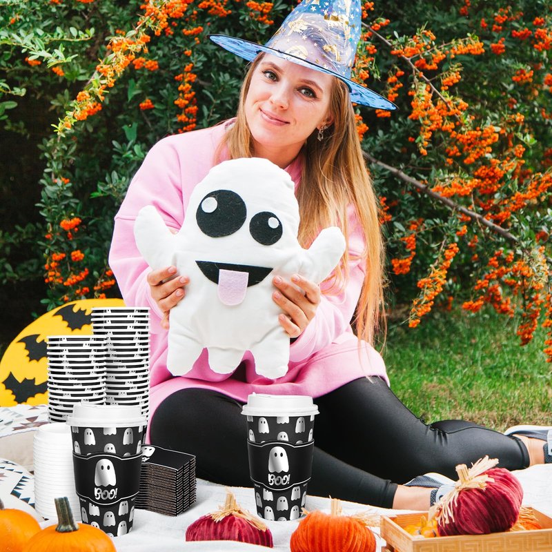 Whaline 50Pcs 16Oz Halloween Disposable Coffee Cups with Lids and Sleeves Spooky Foil Silver Ghost Boo Paper Drinking Cup for Trick or Treat Birthday Party Supplies