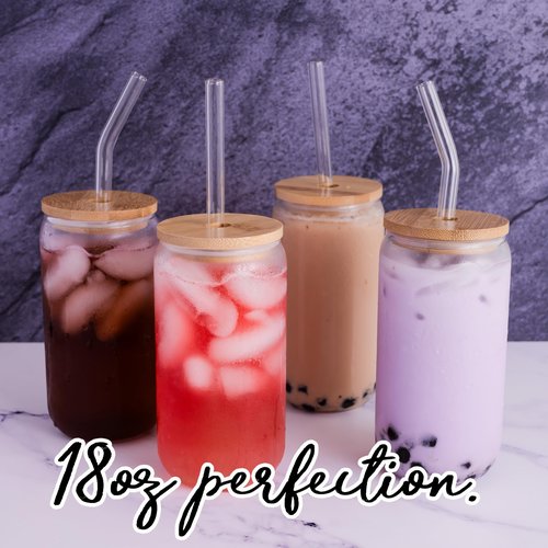 Drinking Glasses 18oz, with Bamboo Lids and Glass Straws, Set of 4, for Mixed Drinks, Cocktails, Beer, Iced Coffee/Tea, Fresh Juice, Smoothies, Parties/Gifts - Includes 2 Straw Cleaners (Clear)
