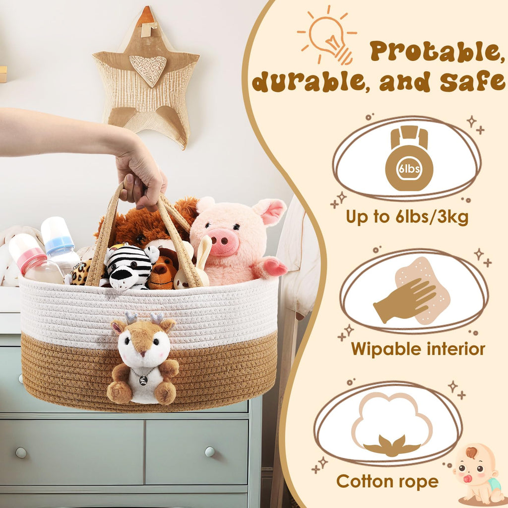 FoldTier Cute Deer Diaper Caddy Organizer Cotton Rope Woodland Nursery Storage Bin Basket Baby Shower Basket Gift Portable Holder Tote Bag with Handle for Changing Table Car Travel(L)