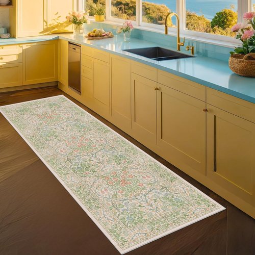 Hazo Haus Non-Slip Bathroom Runner Rug - Vintage Floral Design | Washable 24 x 72 Inch Mat in Beige Green