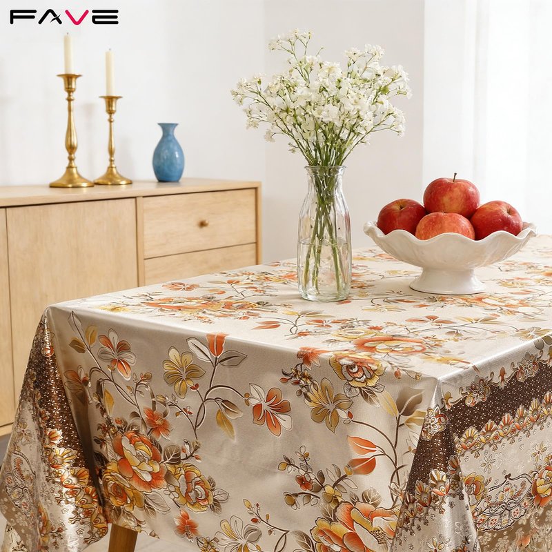 FAVE Peony Gold Tablecloths Vinyl Tablecloth for Kitchen Dining Table Wipeable PVC Tablecloth Cover for Rectangle Table for Wedding, Banquet, Birthday, Party, Restaurant Decorations（Gold,55”x87”）