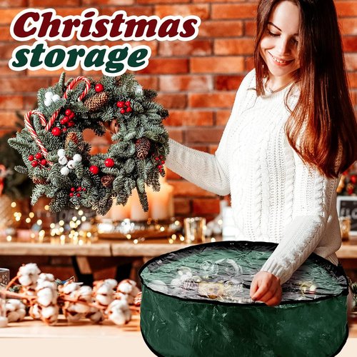 Dunzy Christmas Wreath Storage Bag - 8-Piece Tear-Resistant Fabric with Clear Window | 24x24x7.8 Inch, Green