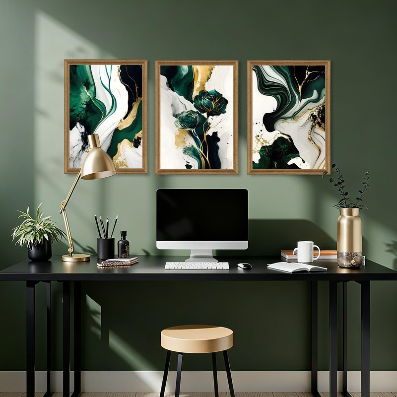 VisionaryBrush Framed Emerald Green Wall Art, Abstract Marbled Canvas Wall Decor, Modern Abstract Green and Gold Poster Print for Living Room Bedroom Office Aesthetic Picture 16x24 Inch 3 Pieces