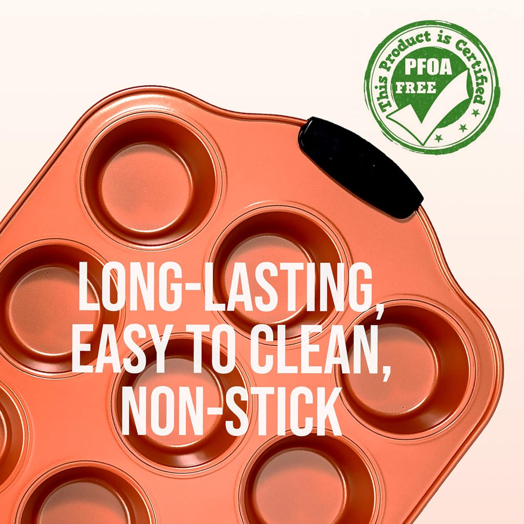 Nutrichef 12-Cup Muffin Pan - Durable Nonstick Carbon Steel Bakeware with Silicone Handles | Easy Clean, Stain Resistant, 16.22'' x 10.43''