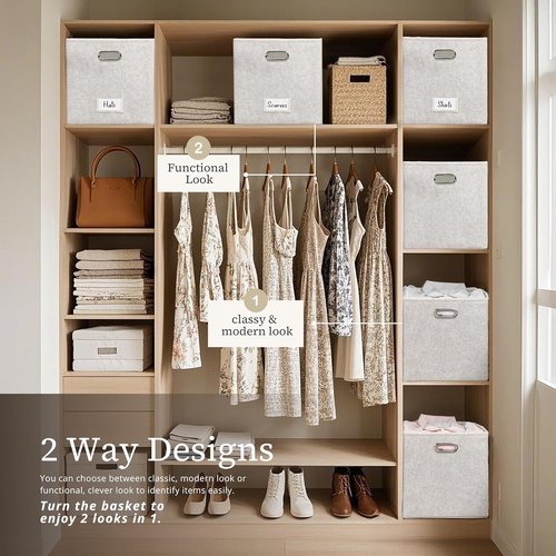 DECOMOMO Felt Storage Bins - 11-Inch Cube Organizers with Labels for Kallax Shelves | Beige (Set of 6)