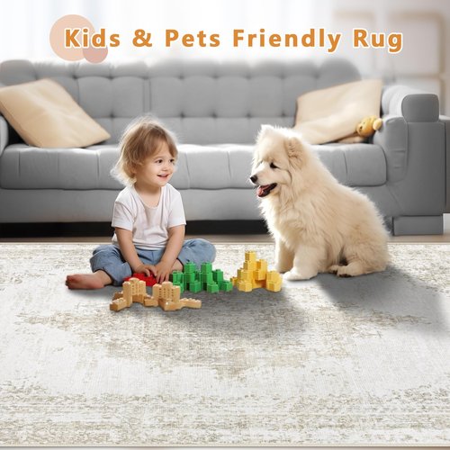 Area Rug 8x10 Washable Rugs: Large Living Room Rug Vintage Medallion Rugs Low Pile Distressed Indoor Retro Carpet for Bedroom Kitchen Dining Room Home Office (Beige, 8' x 10')