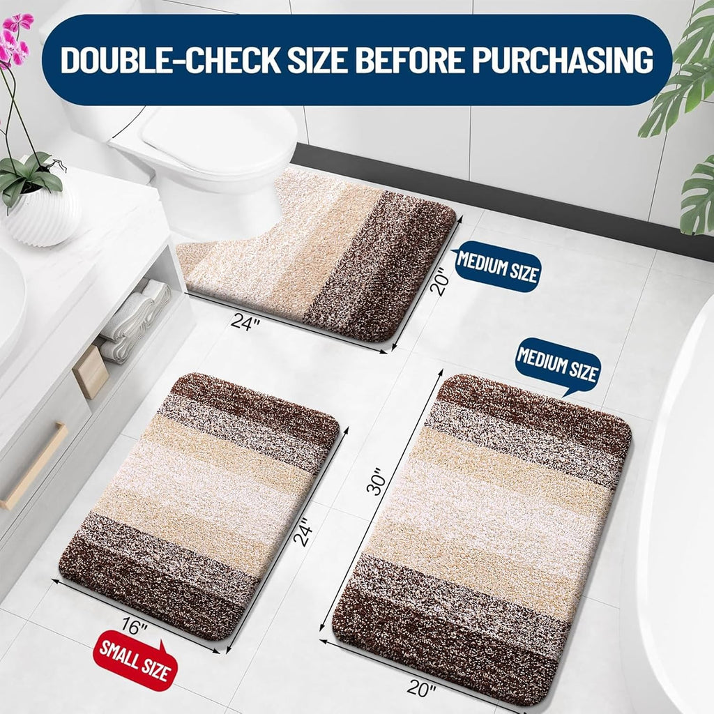 OLANLY Bathroom Rugs Set - Soft Absorbent Microfiber Mats with U-Shaped Contour Rug | 3-Piece Brown Set (30"x20", 24"x16", 24"x20")
