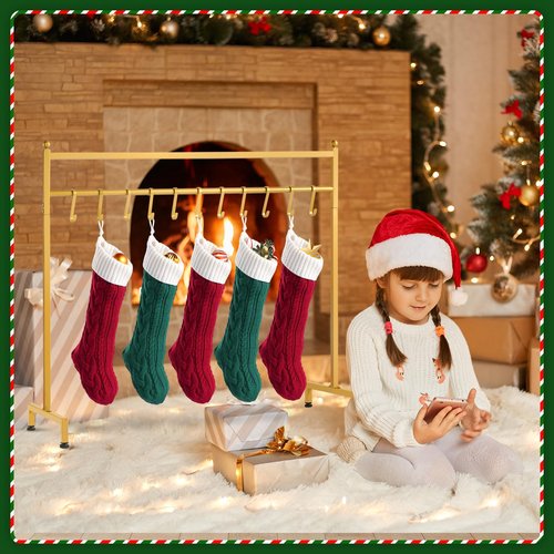ELYKEN Christmas Stocking Holder, Freestanding Stocking Rack with 12 Removable Hooks, 60 LBS Loading Bearing Stocking Stand, Heavy Duty Metal Tubes with Stable Base and Adjustable Feet, Gold