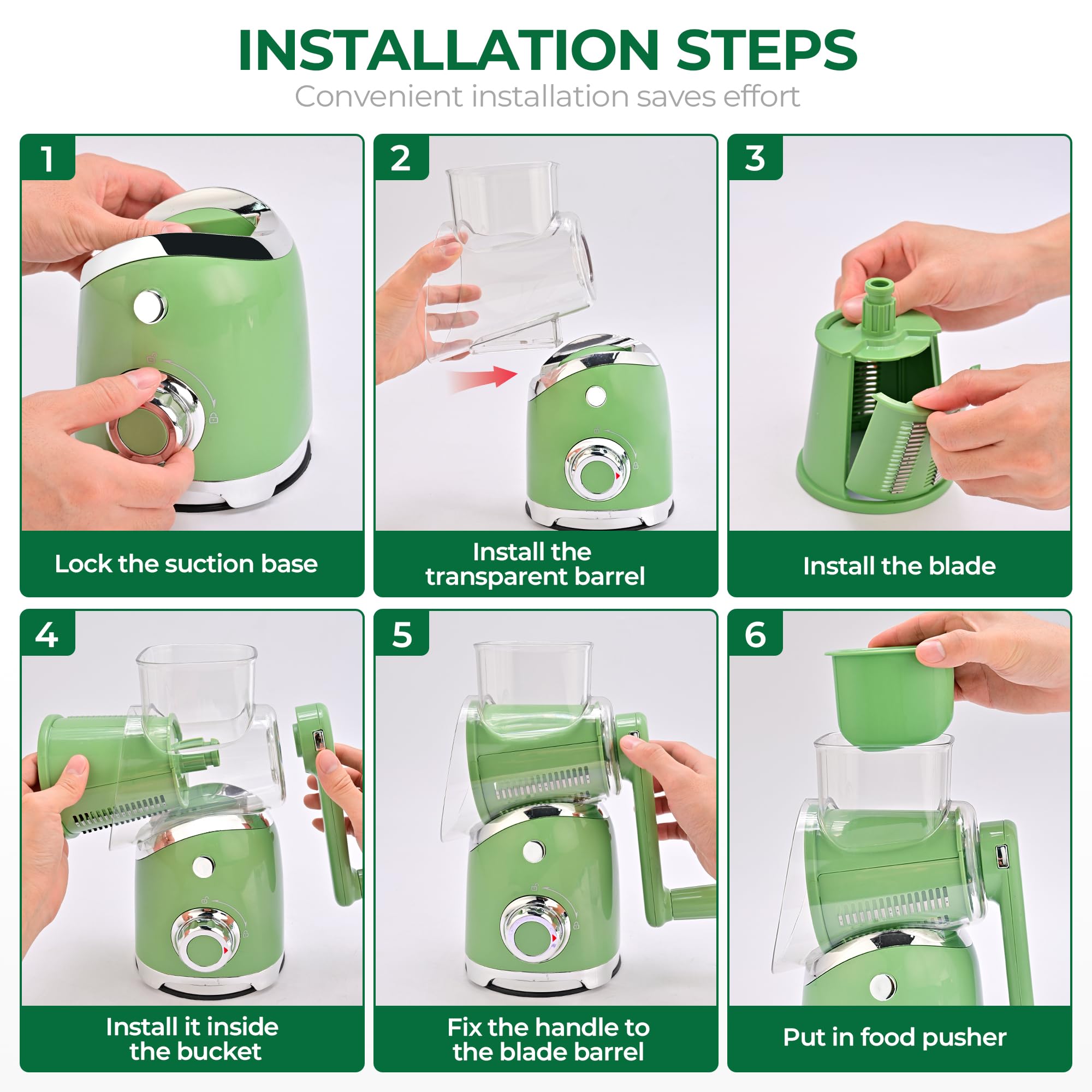 SUSTEAS Rotary Cheese Grater with Handle,Vegetable Slicer with 6 Interchangeable Blades, Reinforced Suction,Easy to Clean,Kitchen Chopper for Crushed Ice,Fruits and Nuts with Blade Storage Case,Green