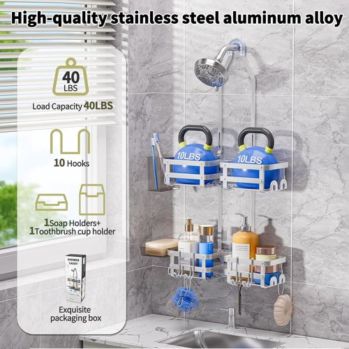 GAOKASE Aluminum Shower Caddy | Rustproof Hanging Organizer with 4 Levels & 10 Hooks - Silver
