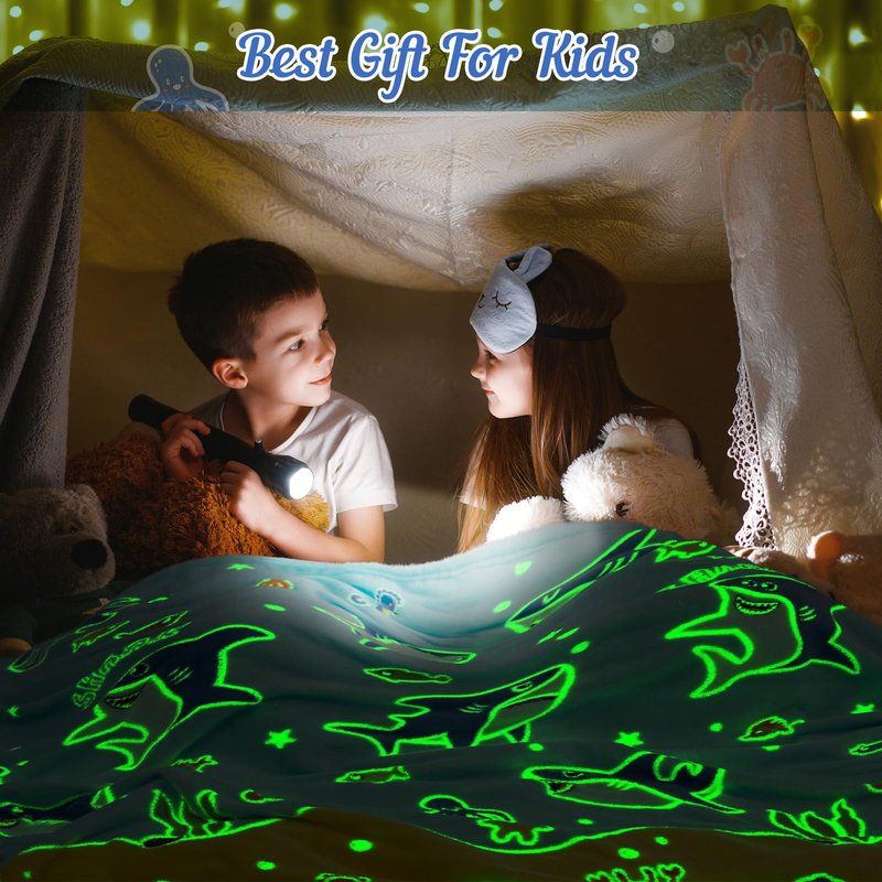 Shark Gifts for Boys Girls - Glow in The Dark Sharks Blanket Christmas Stocking Stuffers for Grandkids Teen Boys Kids 2-14 Years Old Children Toddler Birthday Presents Soft Throw 50"x60"
