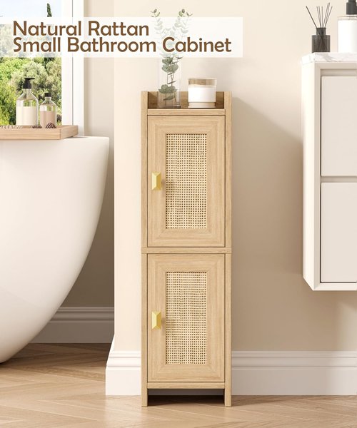 Akxomel Rattan Bathroom Cabinet - 2-Door Narrow Storage Unit for Small Spaces | Natural Oak, 7.9''D x 7.9''W