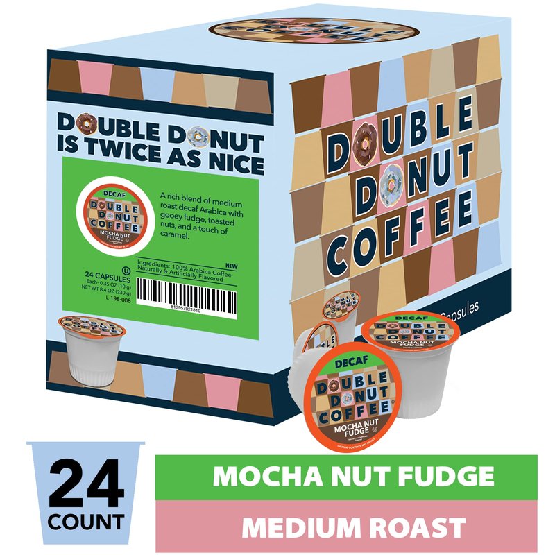 Double Donut Medium Roast Decaf Coffee Pods, Mocha Nut Fudge Flavored, for Keurig K-Cup Machines, 24 Single-Serve Capsules per Box (Pack of 4)
