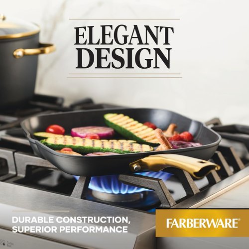 Farberware Forged Induction Ceramic Cookware | Nonstick 11-Inch Square Grill Pan - Black & Gold, Dishwasher Safe