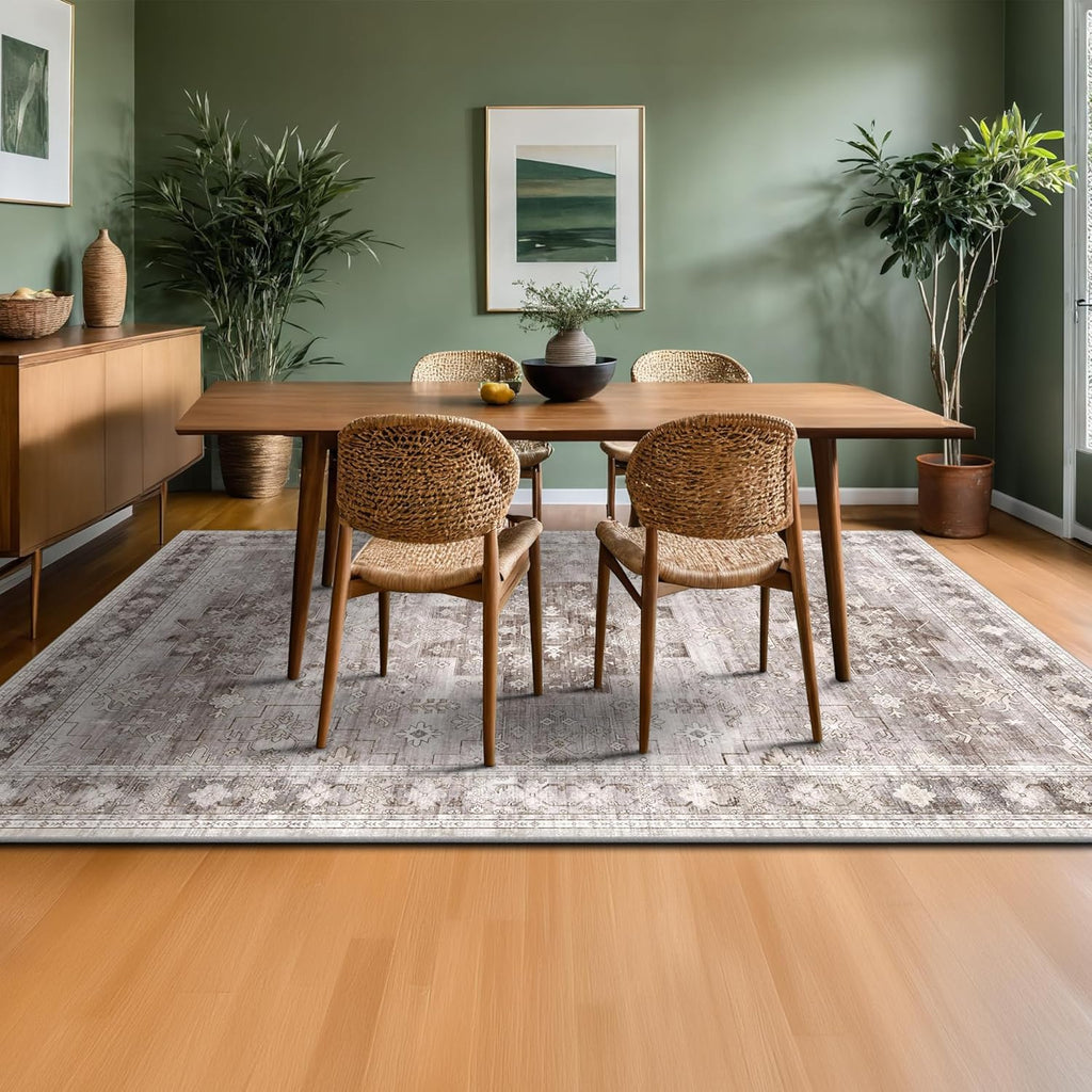 Regine Switzerland Washable Farmhouse Living Room Rug - 6x9 Non-Slip Vintage Floral Carpet in Beige/Latte