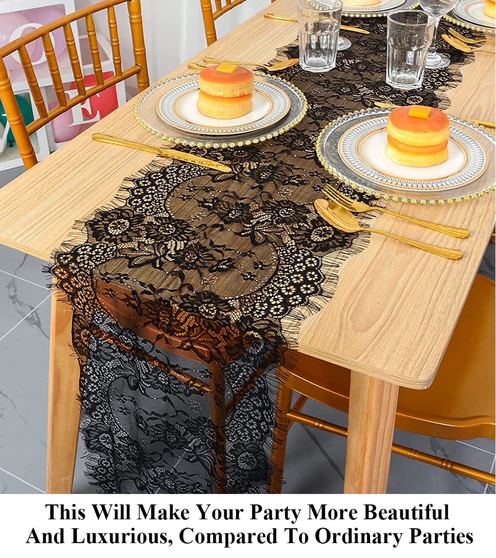 Pardecor 120 Inch Lace Table Runner for Weddings, Boho Rustic Bridal Decor, Christmas & Home Table Decorations - Floral Overlay, Durable Washable Fabric (Black)