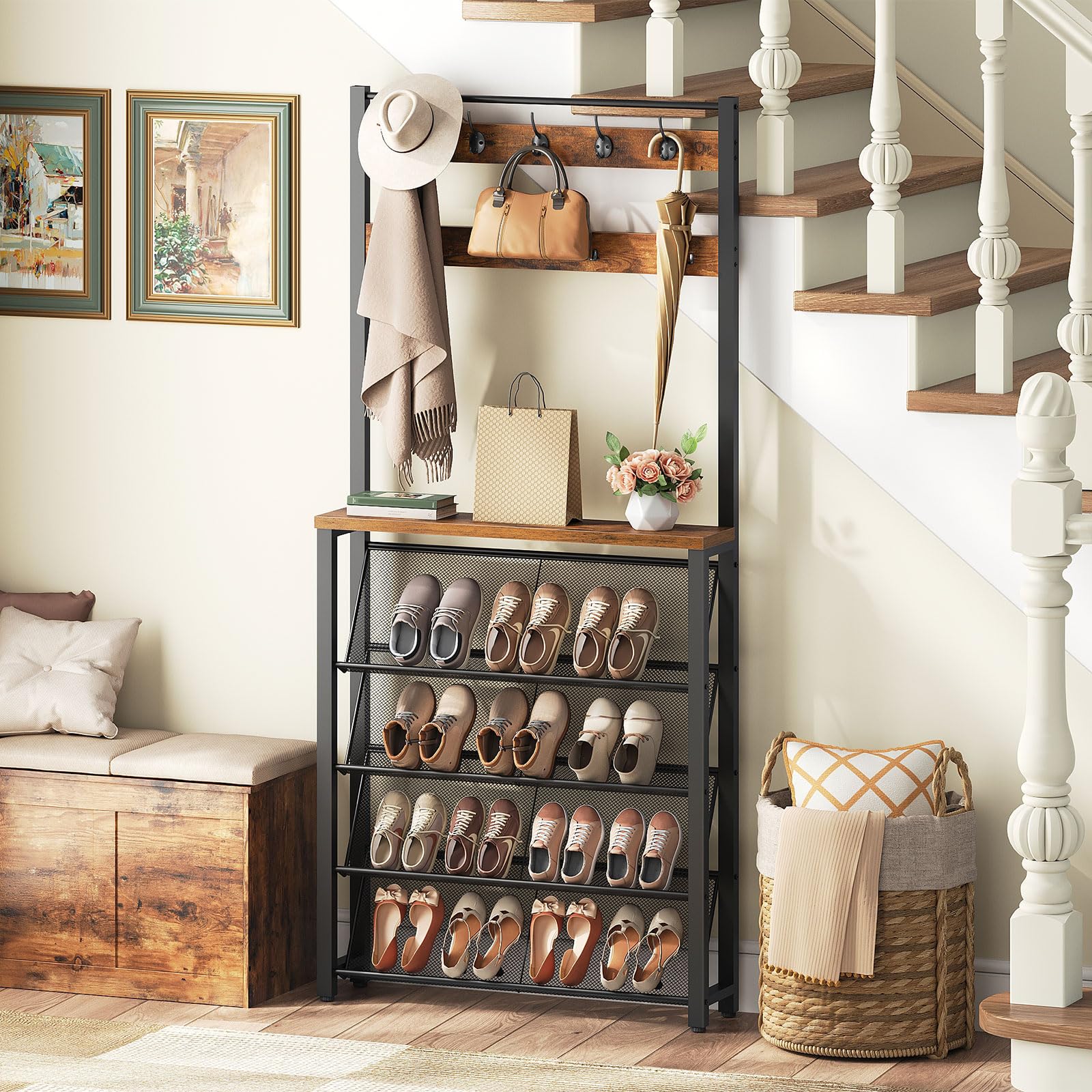 HOOBRO Hall Tree with Bench, Narrow Shoe Rack with Coat Rack, Coat Rack with Shoe Storage, 5 Tier Slanted Shoe Storage Organizer, Coat and Shoe Rack Entryway, Slim Hall Tree, Rustic Brown BF20MT01