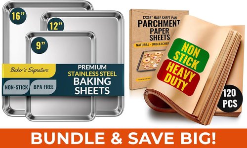 Baker's Signature Stainless Steel Baking Sheet Set - 3 Pieces with 120 Pcs Parchment Paper | Non-Toxic, Silicone Coated, Unbleached