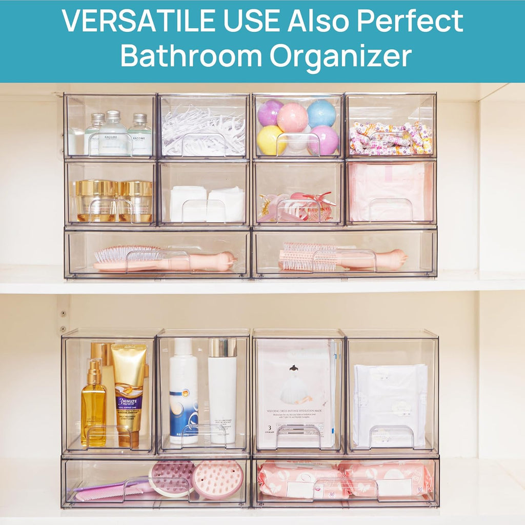 Vtopmart Clear Stackable Storage Drawers - 7.6" Organizers for Skincare & Beauty Supplies | 4 Pack