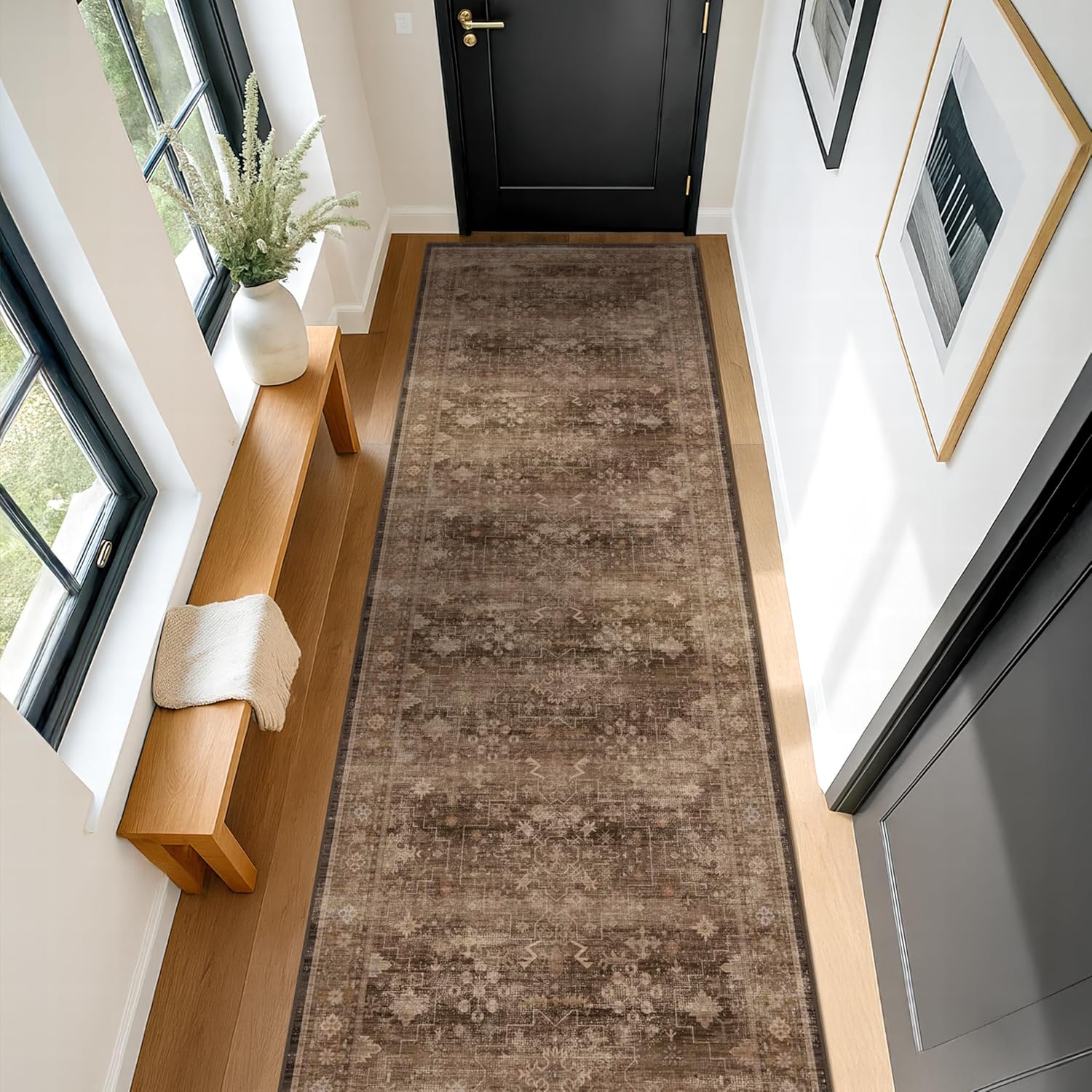 Skiennix Brown Washable Long Runner Rug - Non-Slip Rubber Backing | 3x8 ft Boho Vintage Design for Hallways & Entryways