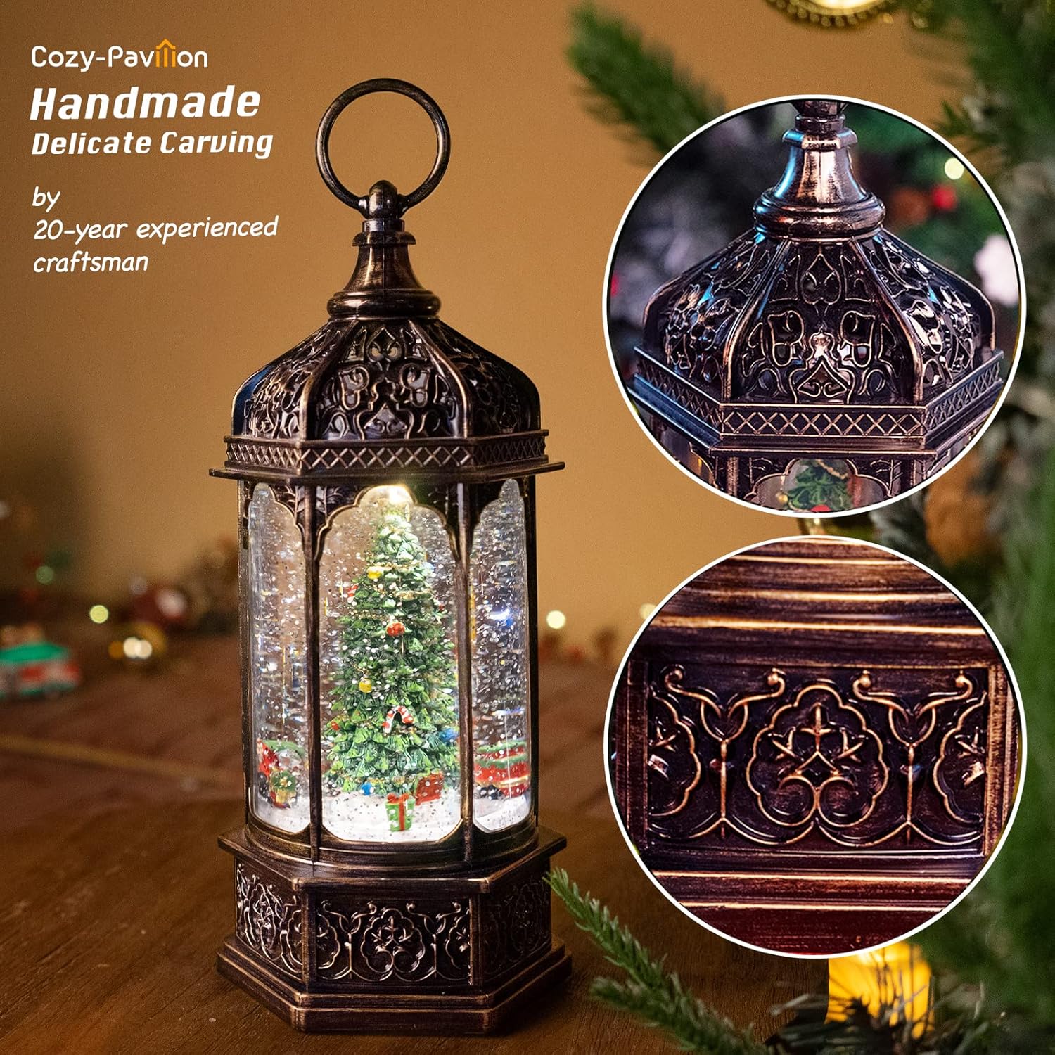 Musical Christmas Tree Snow Globe - Rotating Trains with Timer | 12.7'' Decorative Music Box