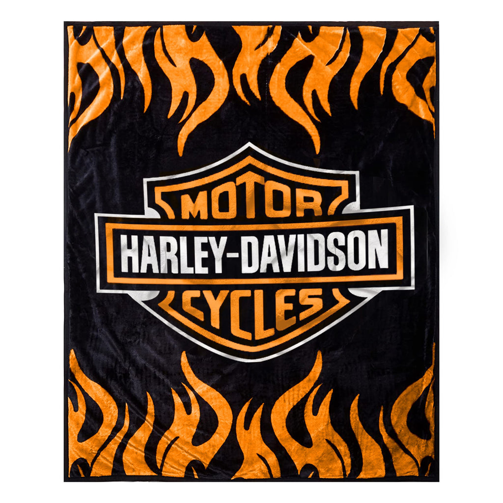Super Soft Plush Classic Black Harley Davidson Blanket/Throw Full or Queen Size - Orange