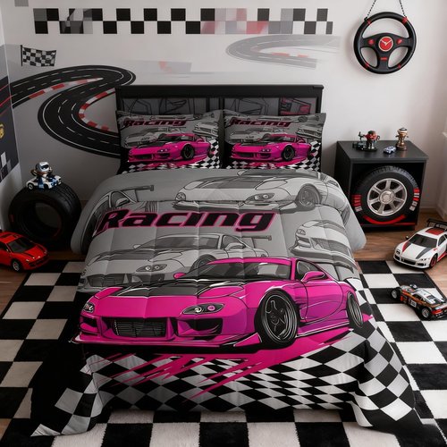 Pink Race Car Kids Comforter Set Twin Size,Racing Flag Black White Checkered Bedding Set,Boys Girls Adults Room Decor,Extreme Sports Games Down Comforter,Modern Fashion Duvet Insert,1 Pillowcase