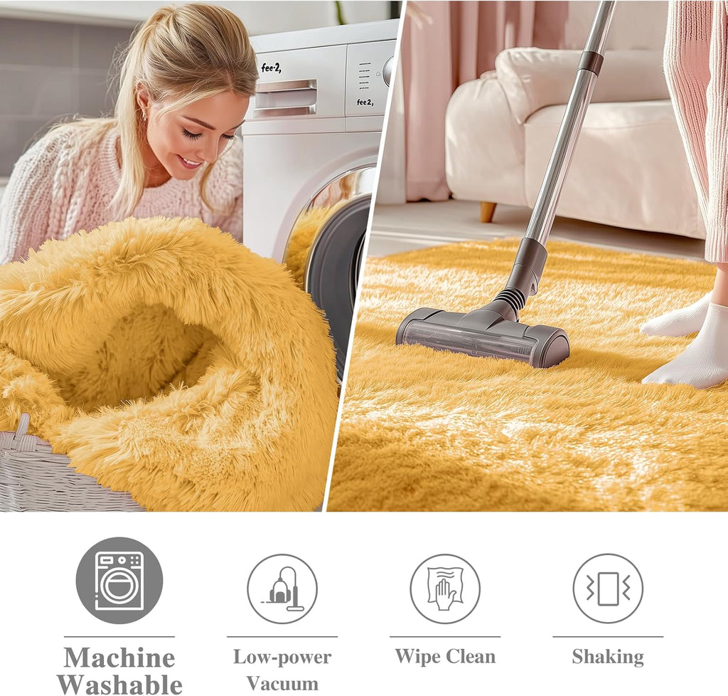 OLANLY Mustard Yellow Round Rug - Soft, Fluffy Shaggy Carpet | 7 ft Machine Washable Area Rug for Bedroom & Living Room Decor