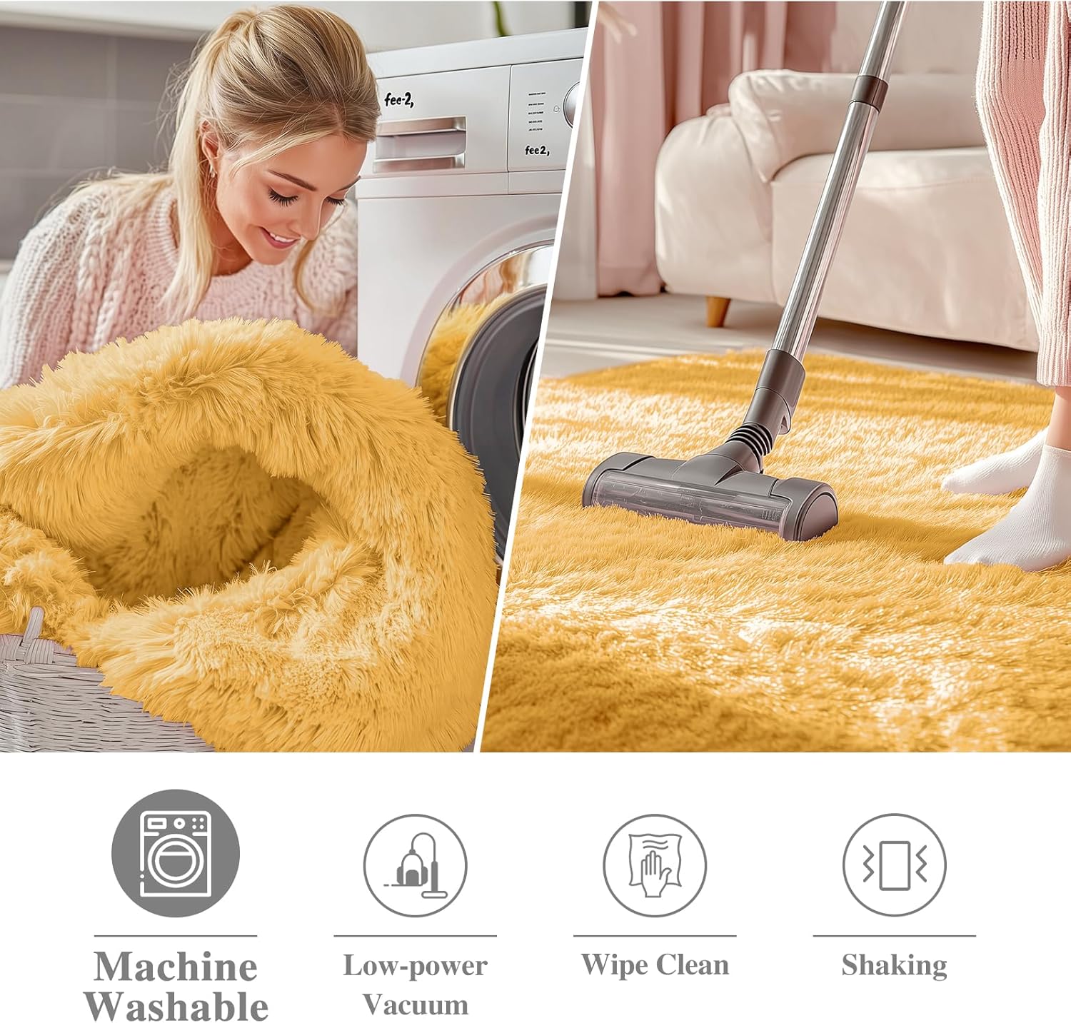 OLANLY Mustard Yellow Round Rug - Soft, Fluffy Shaggy Carpet | 7 ft Machine Washable Area Rug for Bedroom & Living Room Decor
