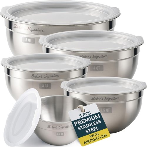 Baker's Signature Stainless Steel Mixing Bowls Set - 5 Nesting Bowls with Lids | Dishwasher Safe, 0.5-5 Qt