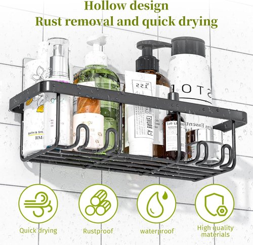 Adhesive Shower Caddy | 5 Pack Rustproof Stainless Steel Bathroom Organizers - Large Capacity, No Drilling, Black